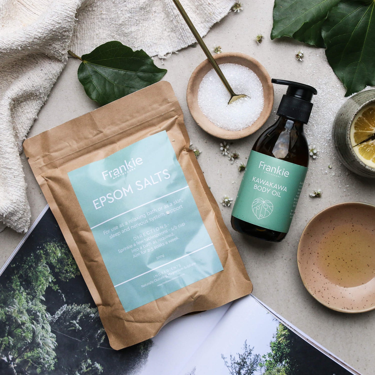 Frankie Apothecary Epsom Salts 500g with Kawakawa Body Oil, kawakawa leaves and bath accessories - natural bath soak NZ